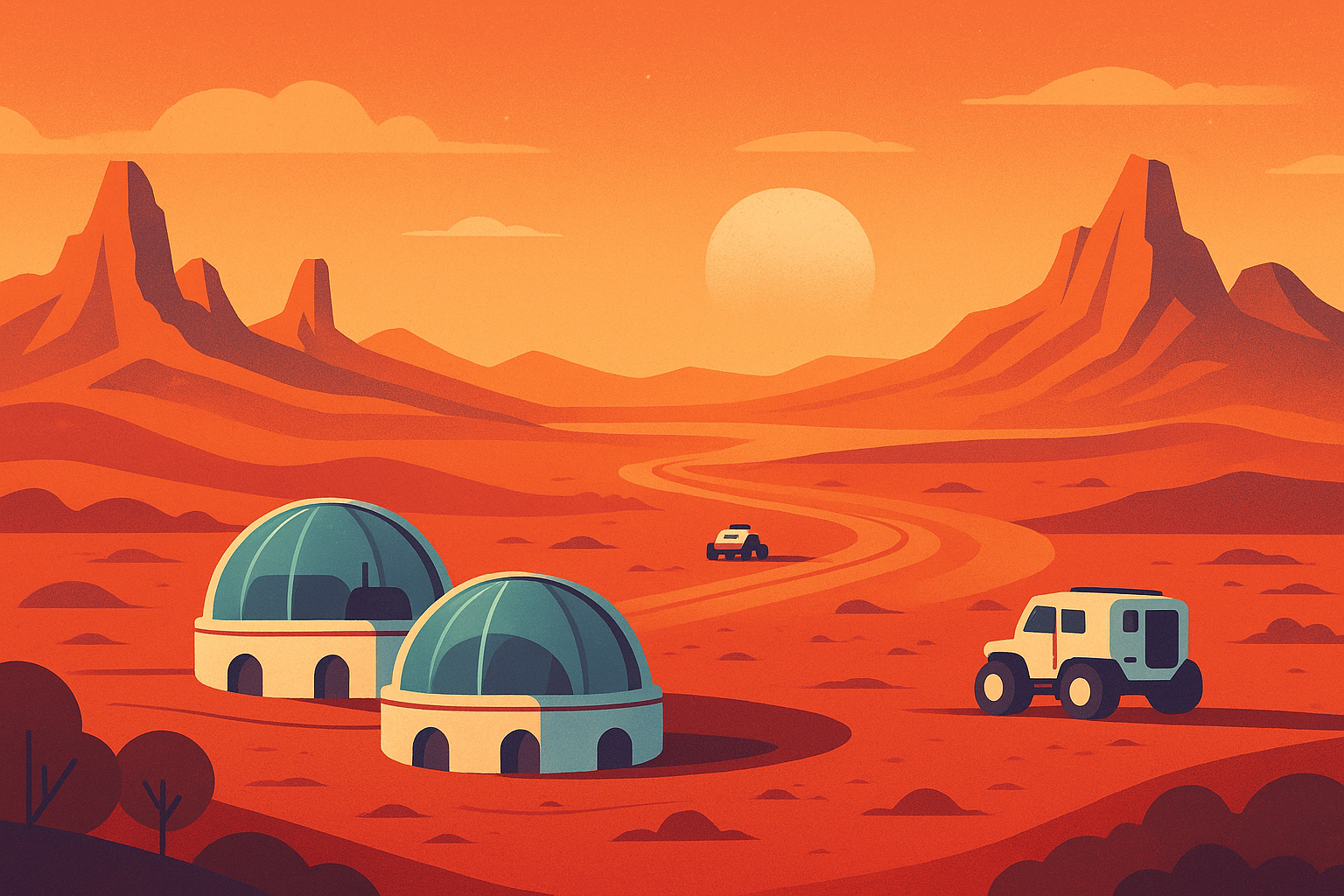 Ilustración de un asentamiento futurista en Marte con hábitats y vehículos exploradores