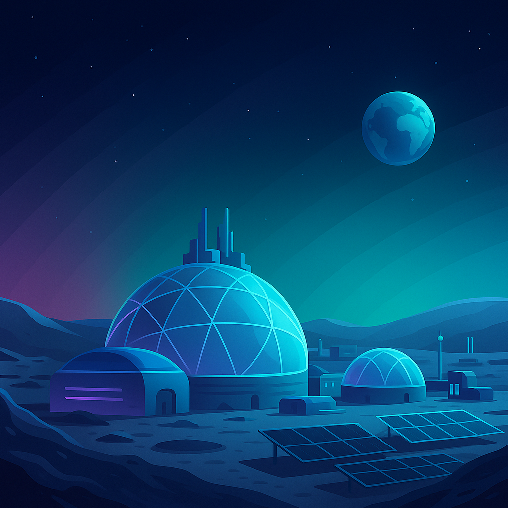 Ilustración de una base futurista en la superficie de la Luna con cúpulas y paneles