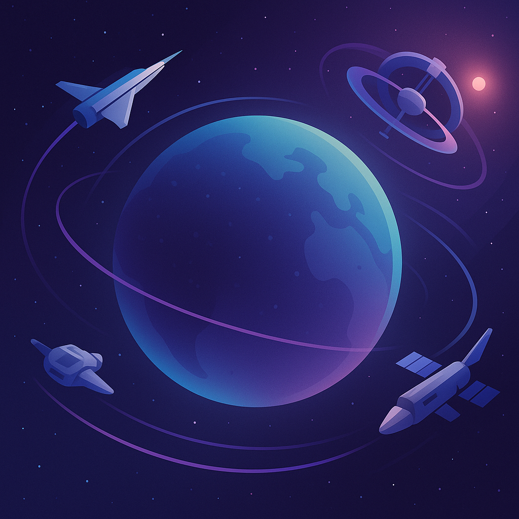 Ilustración de estaciones y naves orbitando un planeta en un entorno futurista