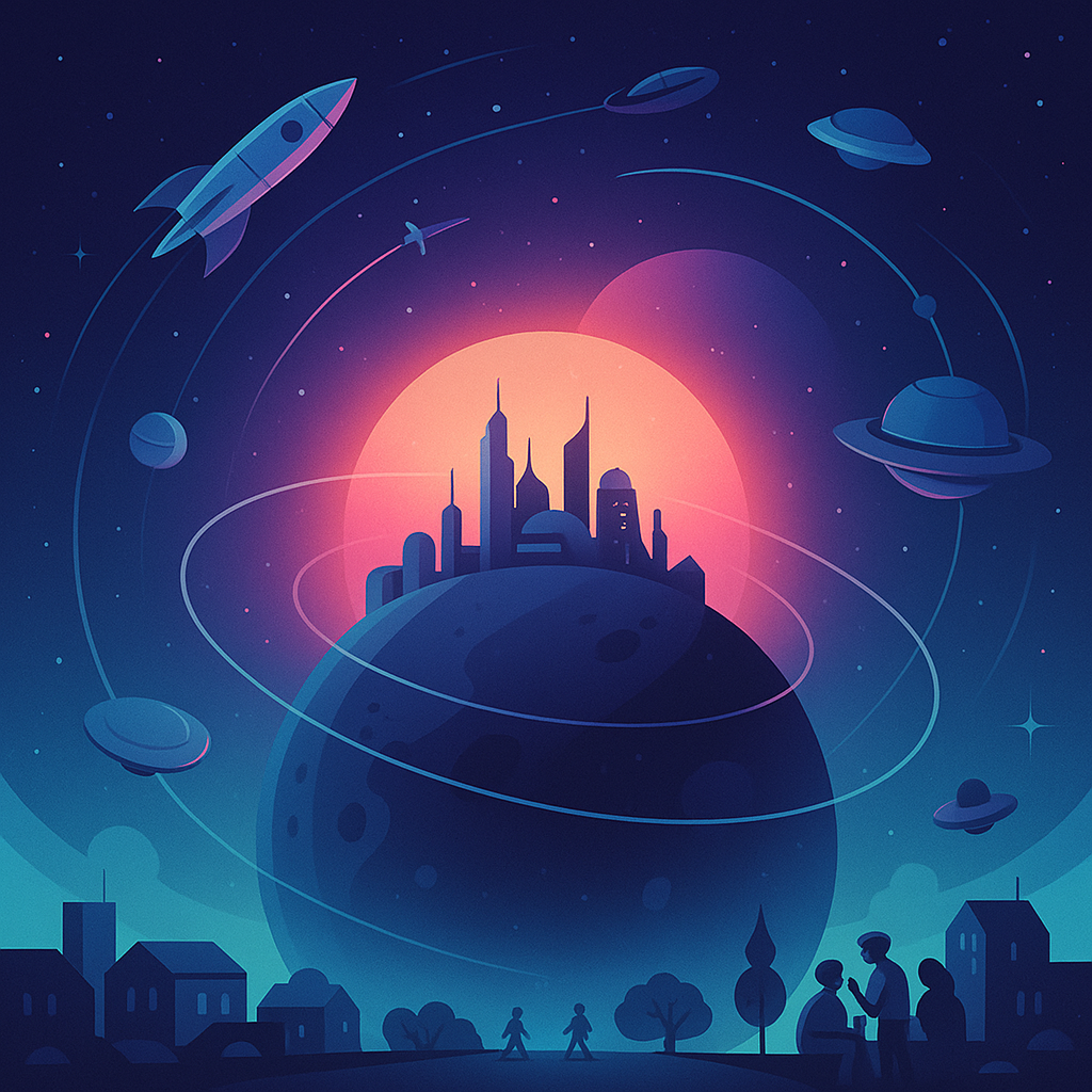Ilustración futurista de naves y estaciones espaciales orbitando un planeta iluminado